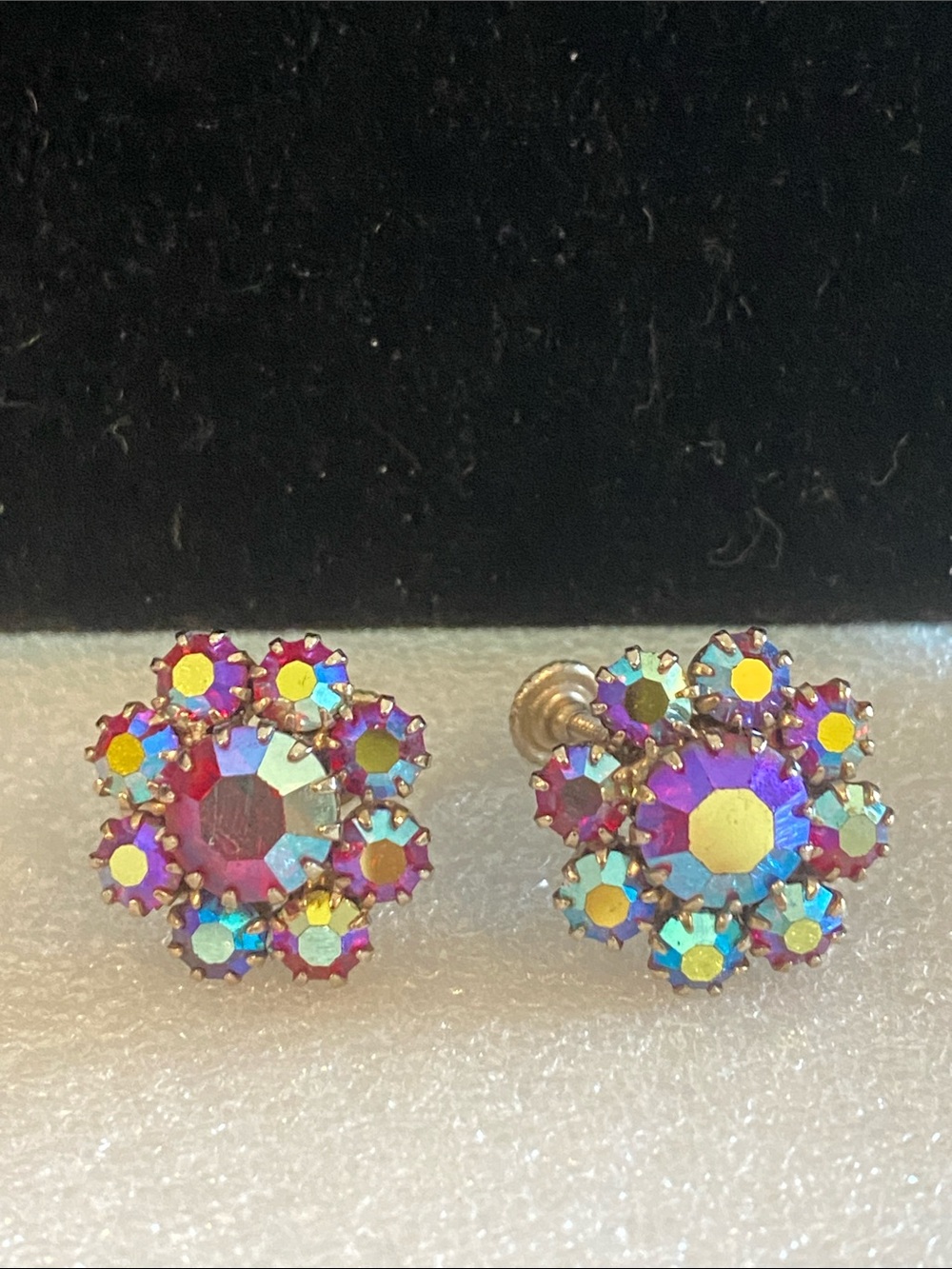 Aurora Borealis Purple Floral Cluster Screw-Back Earrings
